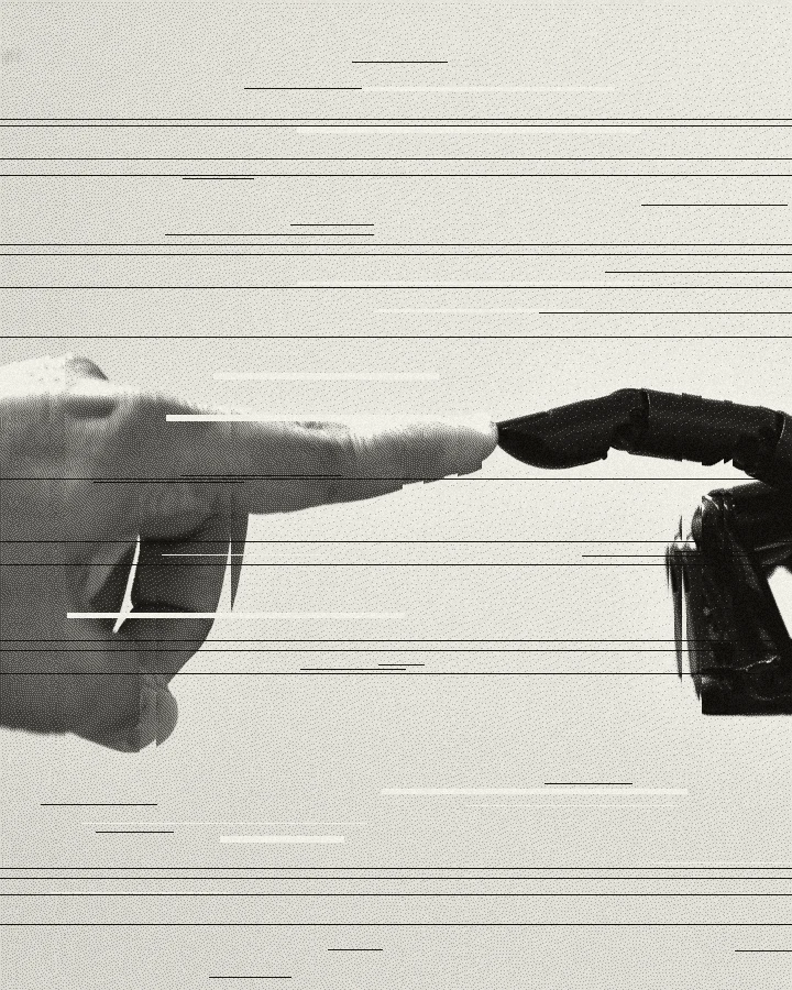 A human finger meeting a robot hand, duotoned with a dithered, glitched treatment.