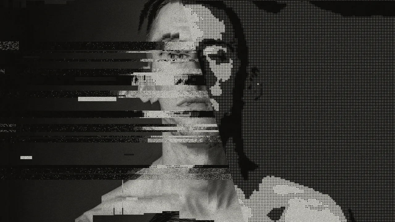 A human face breaking apart into sampled data and halftone pixels.