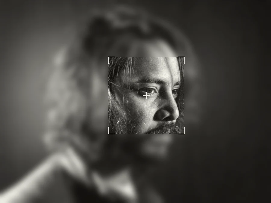 A duotoned portrait, blurred throughout except a small focus box sharp over the eyes.